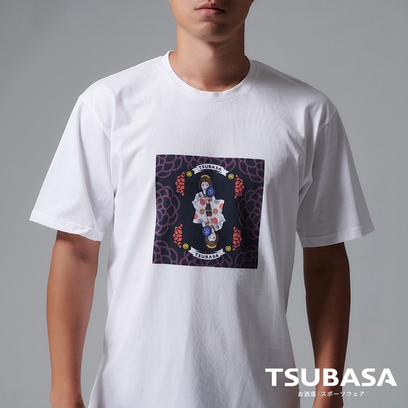 YAMATO联名款 圆领白T-shirt  艺伎与蓝桌球拍图案 情侣装 短袖 - 男装上衣/T 恤 - 棉 白色