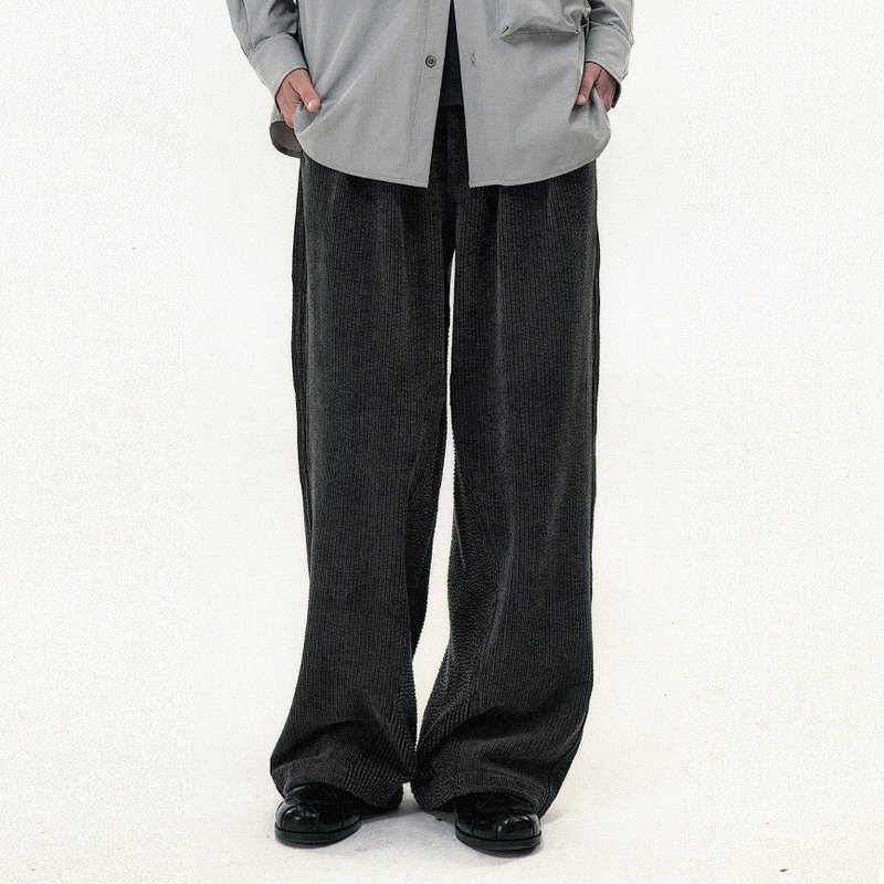 灯芯绒斜切割宽松直筒休闲长裤抽绳束脚男女同款 - 中性裤装 - 其他材质 灰色