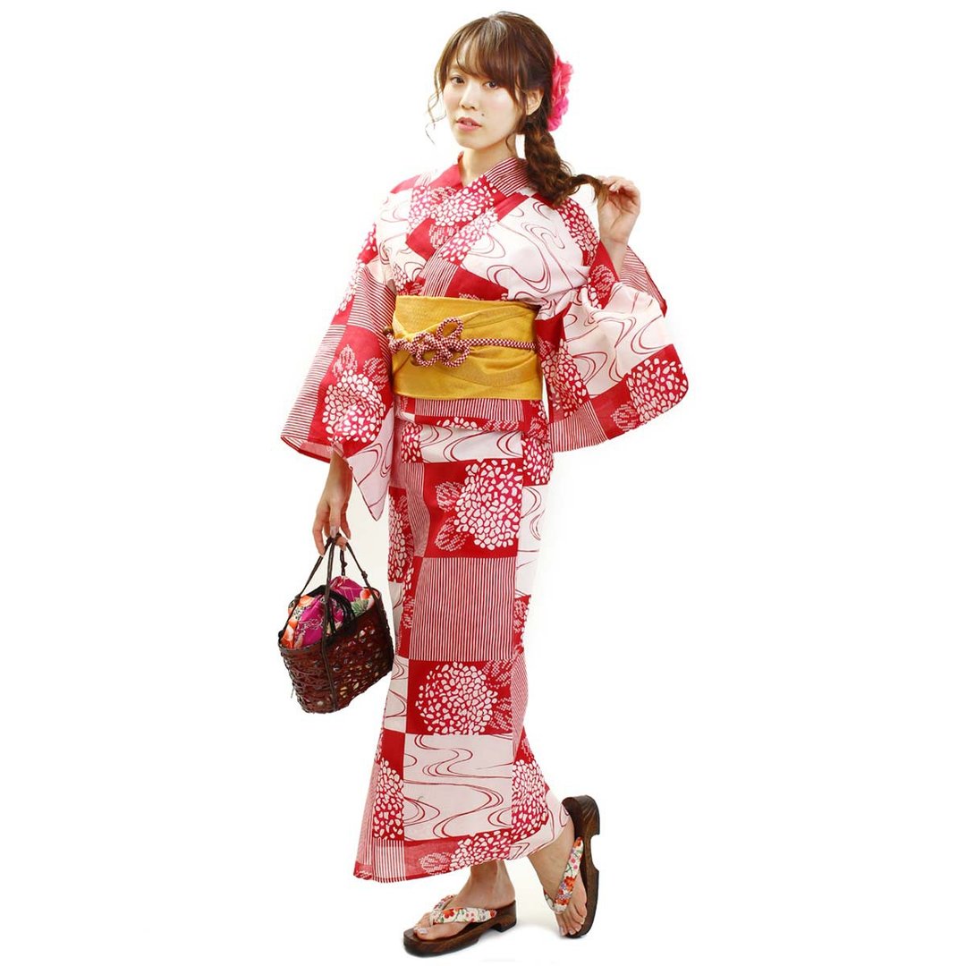 日本 和服 浴衣 女性 浴衣 腰带 2件组 F Size x86-08a yukata - 其他 - 棉 红色