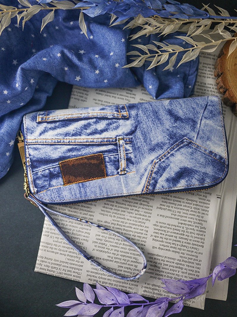 【开运钱包】牛仔。布长夹/皮夹/钱包/零钱包 - 皮夹/钱包 - 棉．麻 蓝色