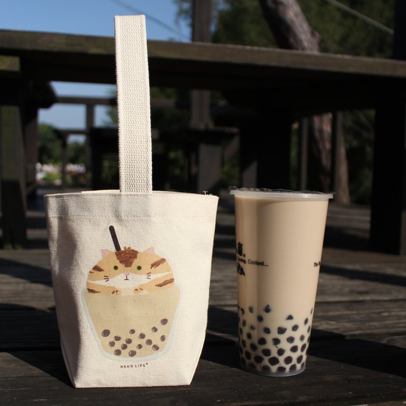 珍珠奶茶猫咪 饮料提袋 环保袋 提袋 - 手提包/手提袋 - 棉．麻 卡其色