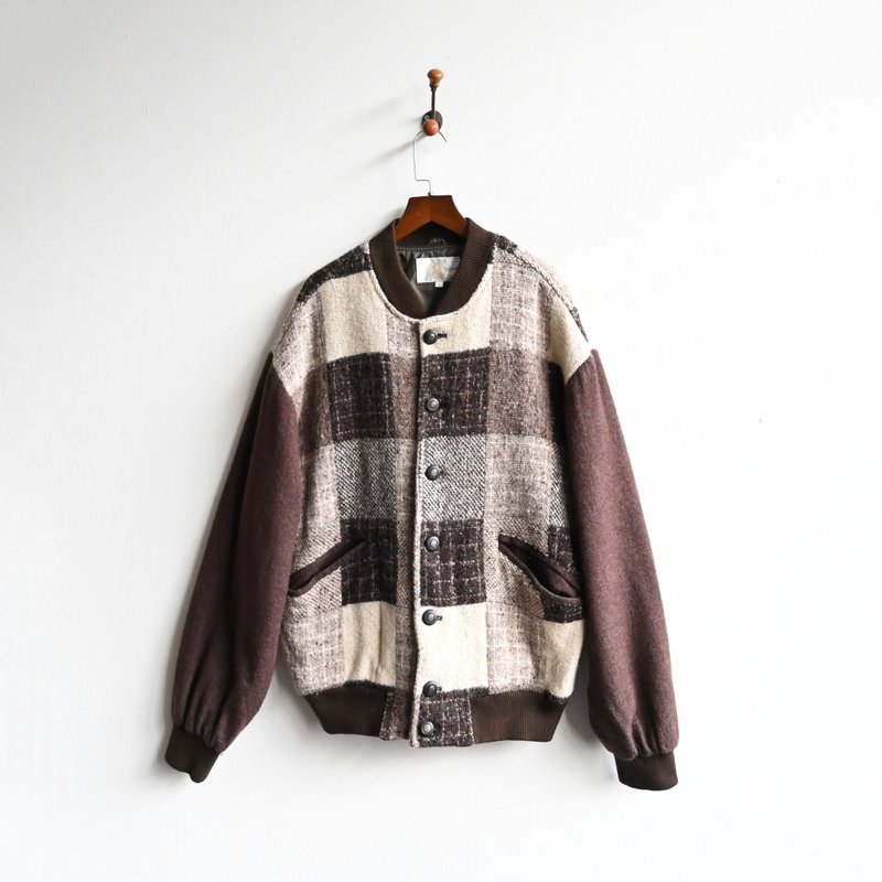 【蛋植物古着】棕羽格纹毛料花古着夹克外套 - 女装休闲/机能外套 - 羊毛 