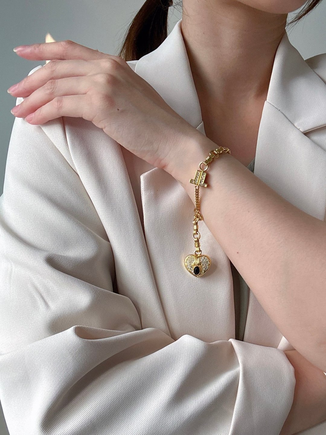 中古名牌 Lanvin 法国 心形宝石手链 古董珠宝 礼物 - 手链/手环 - 其他金属 金色