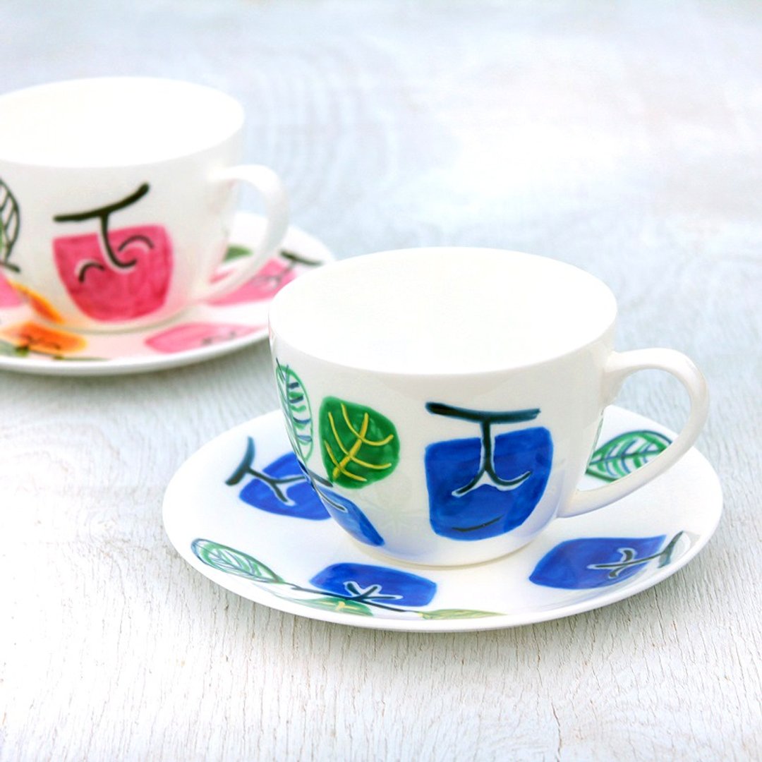 Blue persimmon-patterned cup and saucer - 咖啡杯/马克杯 - 瓷 蓝色