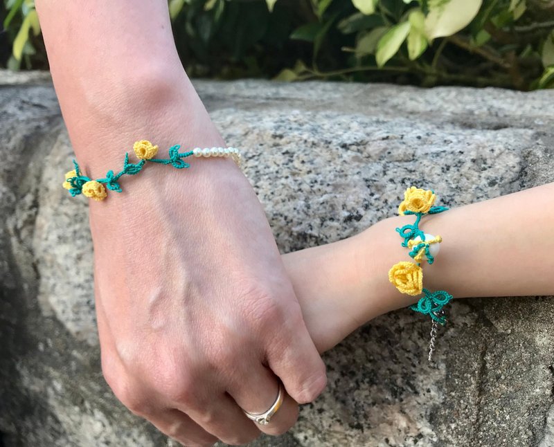 手织立体玫瑰花珍珠手链(黄色) /亲子手链 / 礼物 / Swarovski - 手链/手环 - 棉．麻 黄色