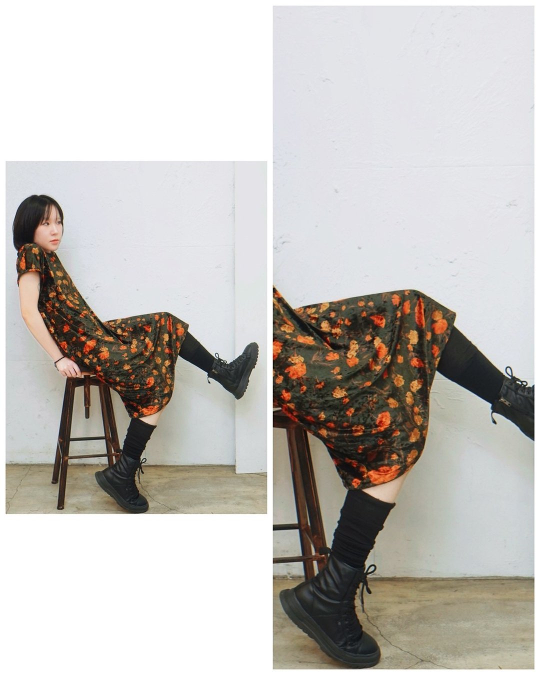 Designer collection 绒缎秋色印花法式包袖洋装 - 洋装/连衣裙 - 聚酯纤维 黑色
