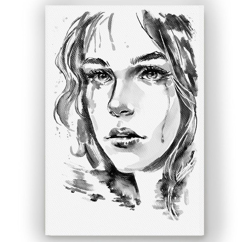 时尚插画风格水彩哭泣女性画作 水墨风装饰画 适用于卧室客厅 - 墙贴/壁贴 - 纸 灰色