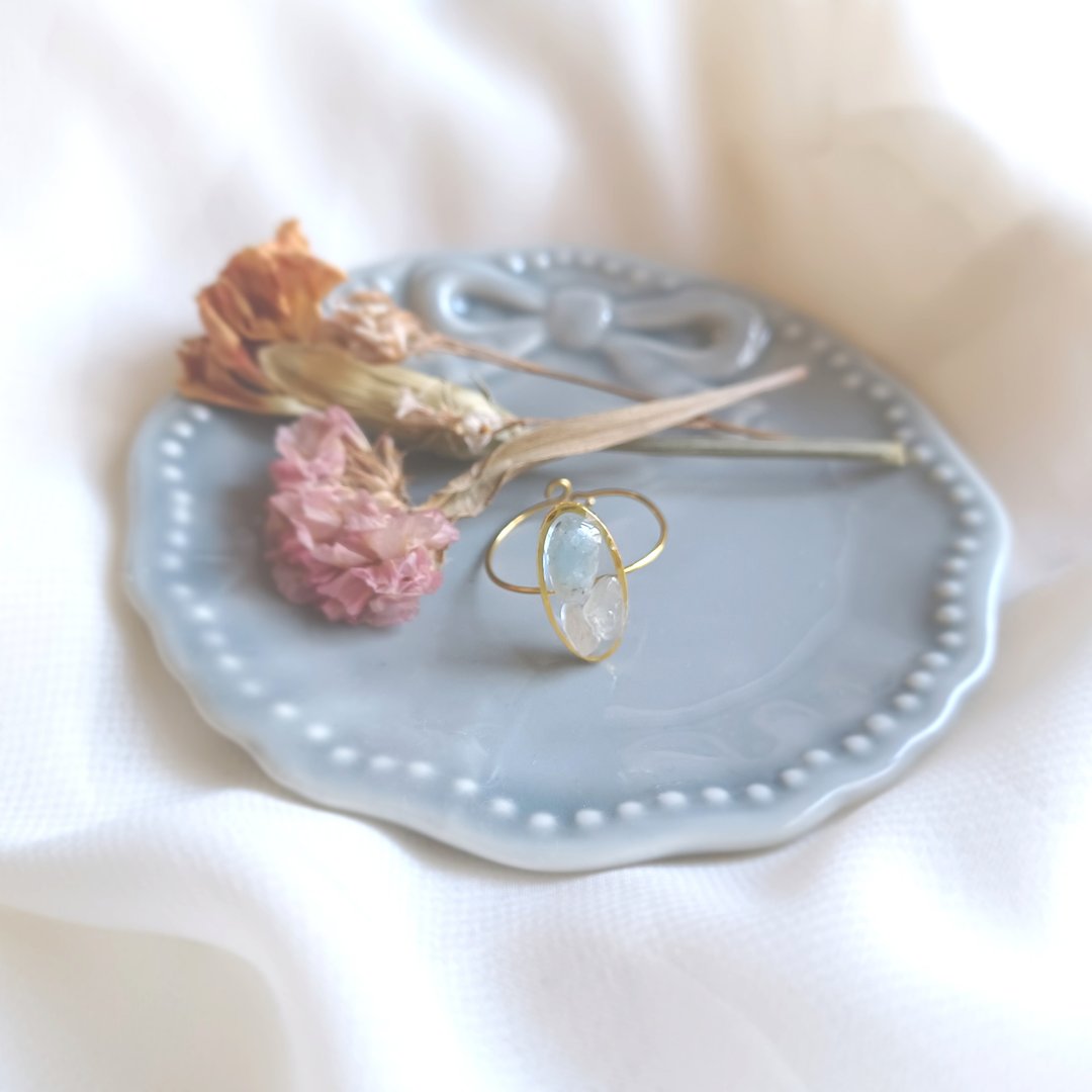 Natural stone oval wire ring NO.01 (aquamarine one size fits all) - 戒指 - 石头 蓝色