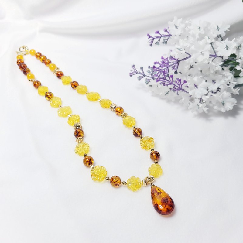 天然 顶级 金琥珀 花珀 牛奶蜜 招财 吉祥 富贵 项链 仅此一件 - 项链 - 宝石 黄色