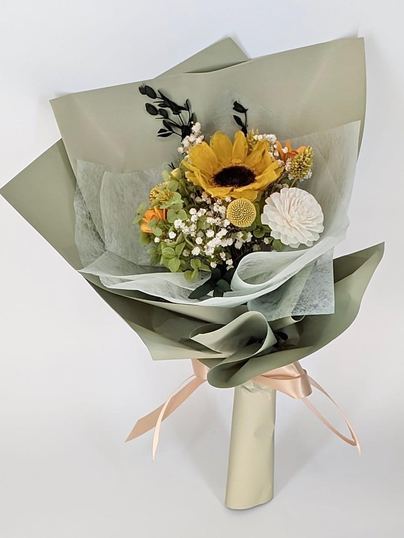 毕业季主题花卉 绿色系毕业花束/永生向日葵扩香索拉乒乓菊花束 - 干燥花/捧花 - 植物．花 