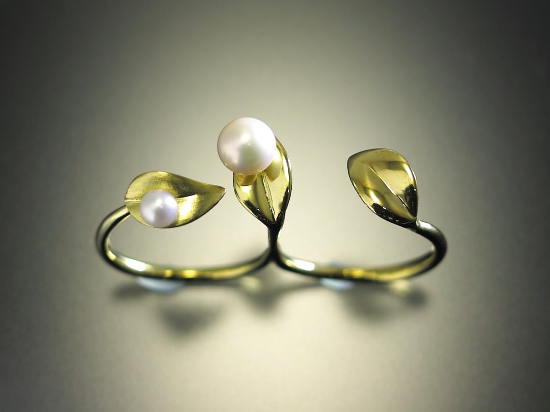 Japan Quality | Double Finger NUDE Ring Shinba no Shizuku 18K × Pearl - 戒指 - 其他金属 金色