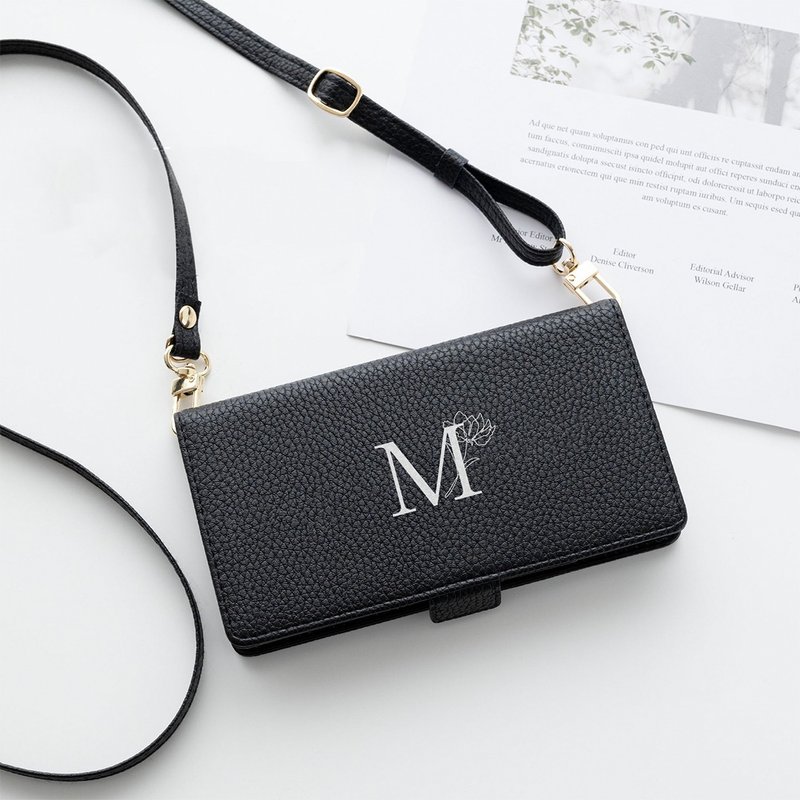 全机型通用翻盖手机壳【客制字母与花】黑色 附镜子 AE20U - 手机壳/手机套 - 人造皮革 黑色