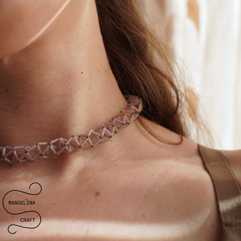 手工 Miyuki 玻璃管珠颈链 – 细致几何设计 - 项链 - 玻璃 粉红色