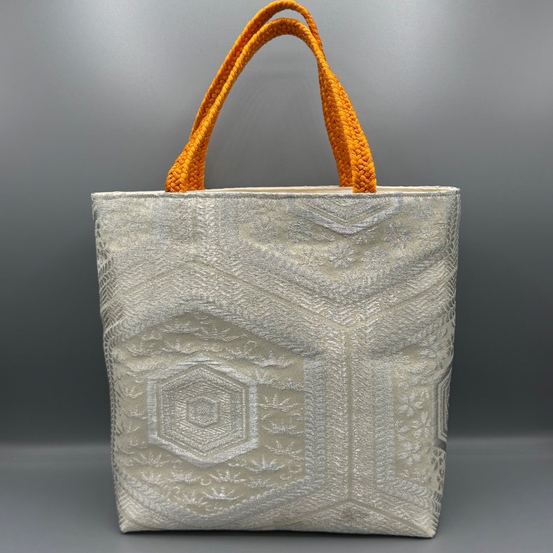 和服 腰带 腰带绳 手工 托特包 改造 白 橘 - 手提包/手提袋 - 丝．绢 白色