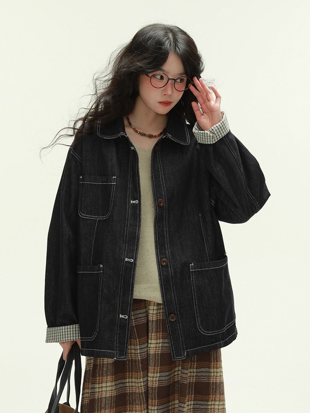 原色 牛仔格子拼接外套 復古質感中性廓形寬松牛仔上衣 M-L - 女装休闲/机能外套 - 棉 蓝色