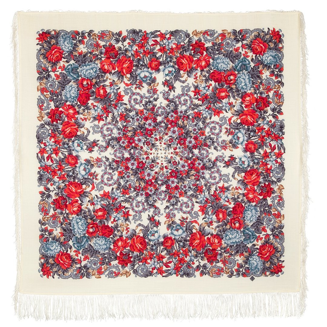 Pavlovo Posad 俄罗斯披肩 100% 羊毛围巾 125x125 厘米 丝绸流苏 511-0 - 丝巾 - 羊毛 白色