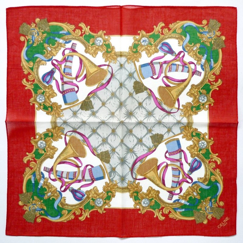 CÉLINE Paris 古着纯棉手帕 – 巴洛克喇叭图案 19 x 19 英寸 - 丝巾 - 棉．麻 红色