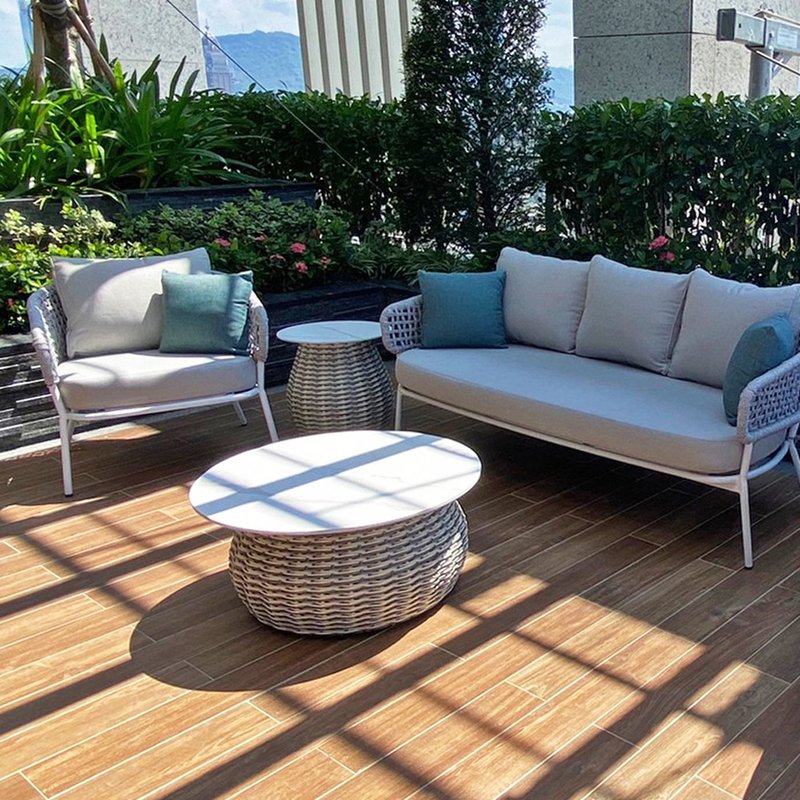 户外咖啡桌 波尔奇圆形茶几 岩板桌面 三色藤编 防水耐晒户外家具 - 餐桌/书桌 - 铝合金 灰色