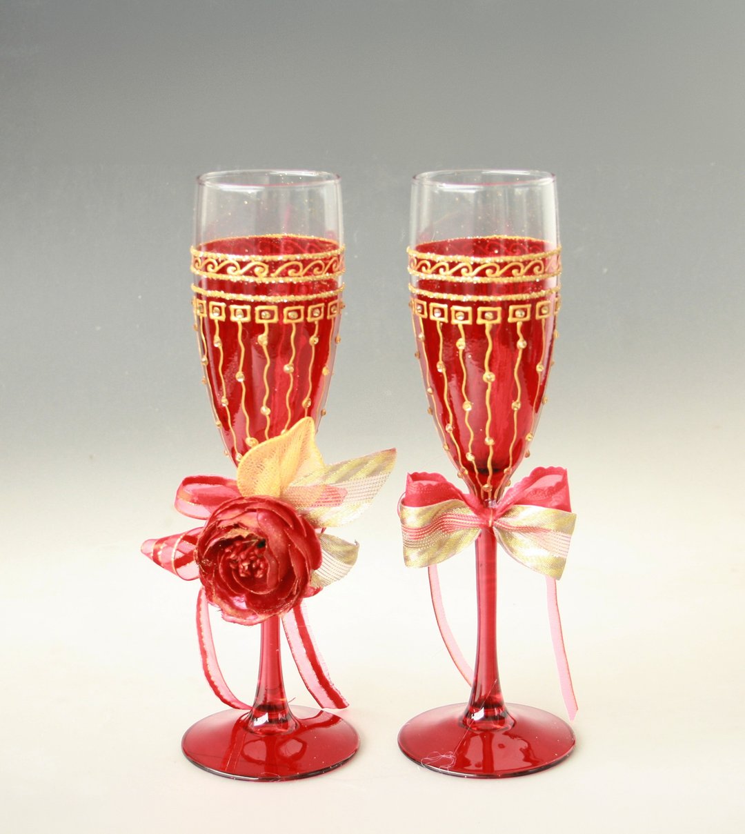 Red Wedding Glasses Mr and Mrs Gatsby Design, Hand-painted, set of 2 - 酒杯/酒器 - 玻璃 红色