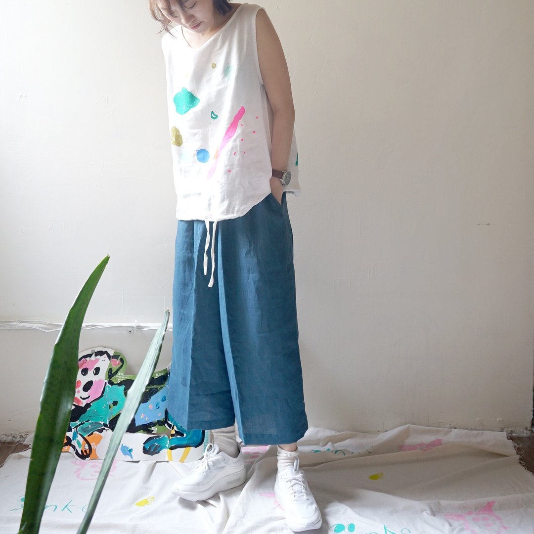 好评再补货 心花系列-舒服蓝色亚麻口袋宽裤 - 女装长裤 - 棉 蓝色