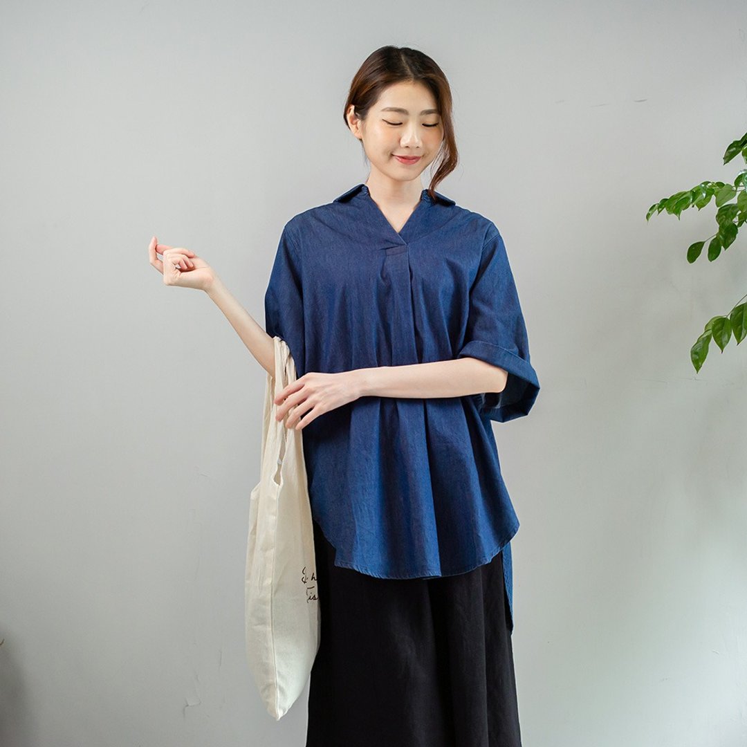 翻袖皱褶感立领上衣 蓝 M L - 洋装/连衣裙 - 棉．麻 蓝色