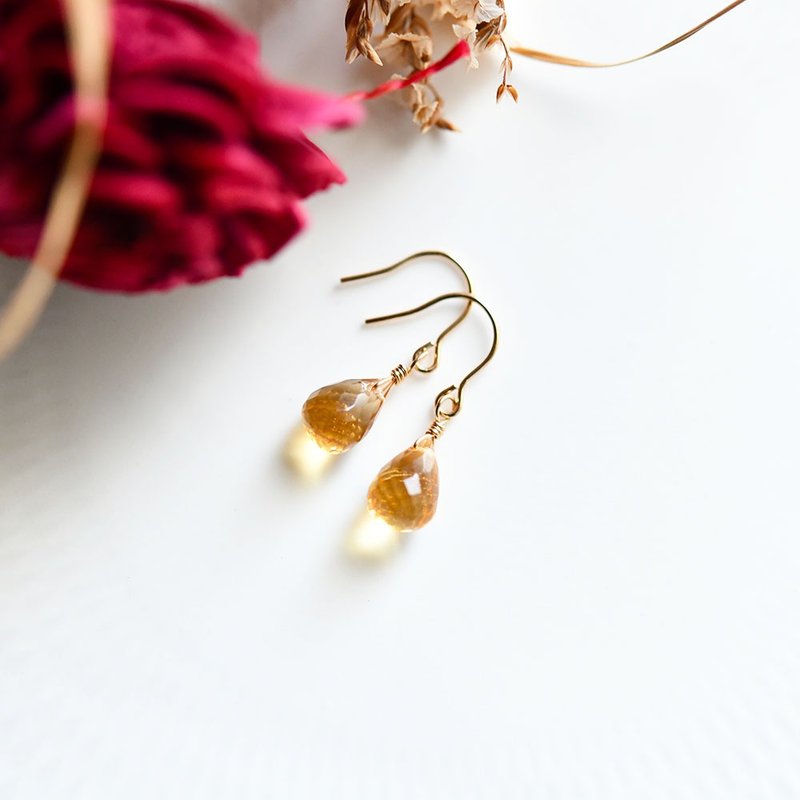 Prosperity Wealth Lucky Stone Single Citrine Drop Earrings/ Clip-On Accepted November Birthstone - 耳环/耳夹 - 宝石 金色