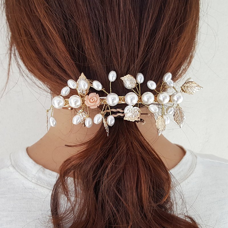 Gold Hair Barrette,  Gold pearl Hair Clip for Bride, Wedding Day Hair Barrette, - 发饰 - 其他材质 金色
