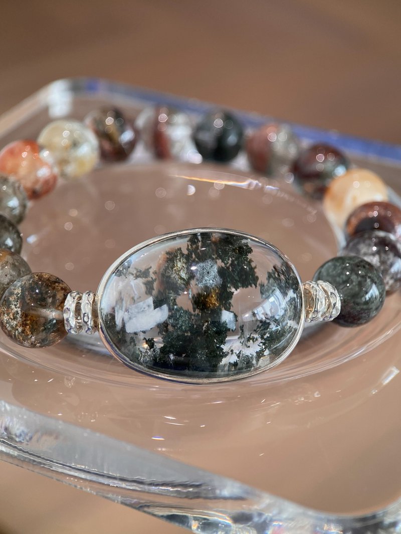 绿幽灵白方解石共生S925银手牌+四季幽灵水晶手串 - 手链/手环 - 水晶 