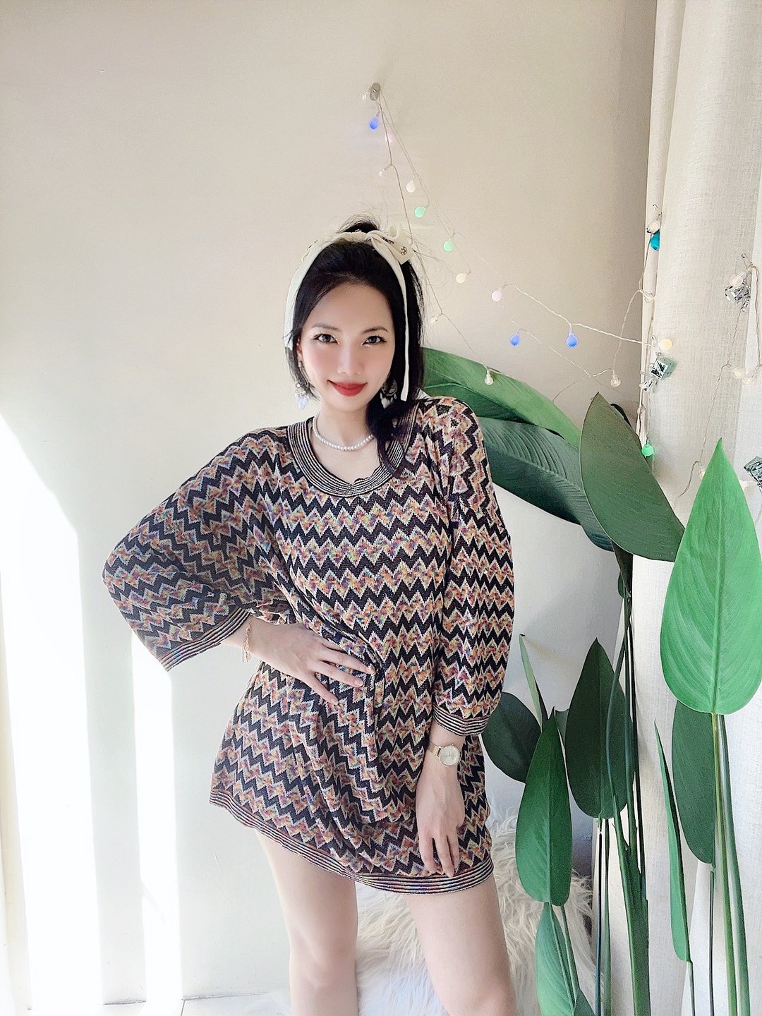 恋爱彩虹青春电波宽松休闲 古董圆领细针织格在线衣T恤 vintage - 女装上衣 - 棉 多色