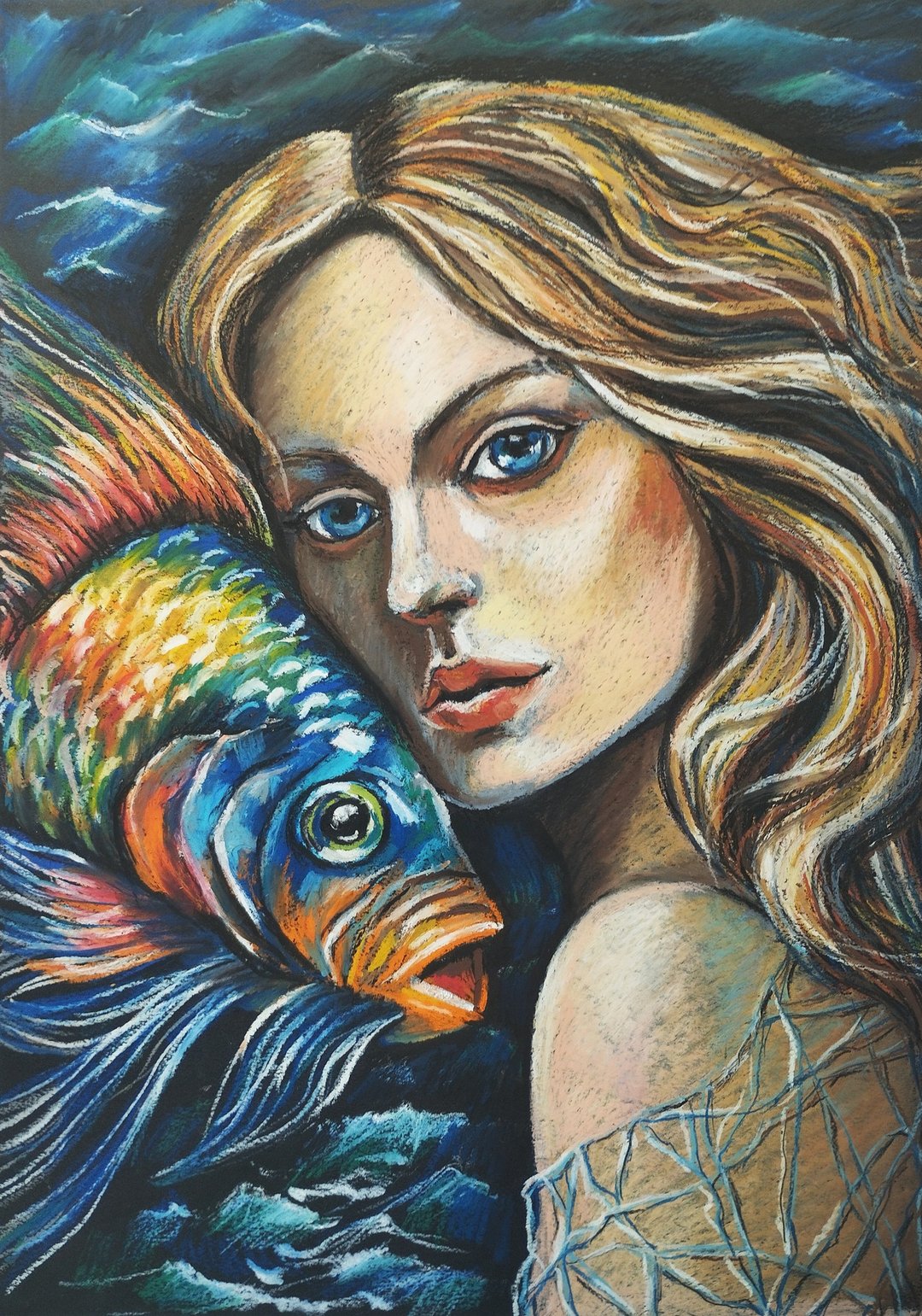 一个女孩的美人鱼肖像画油画蜡笔画明亮的鱼海艺术 - 墙贴/壁贴 - 纸 蓝色