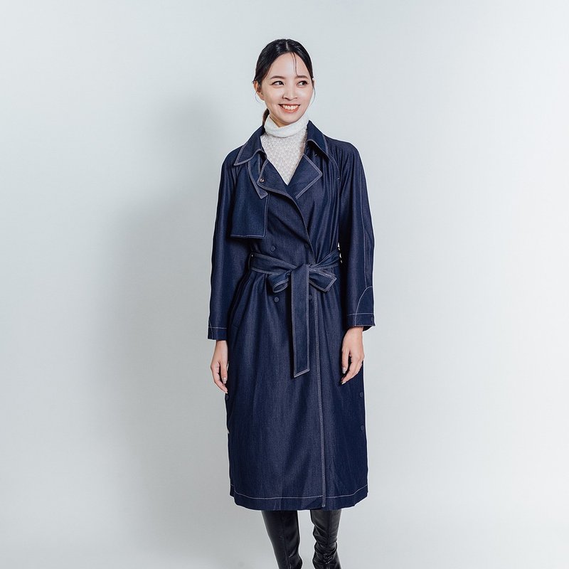 AVVJOY | 丝光蓝长版风衣长袖宽松牛仔蓝色 - 女装西装外套/风衣 - 其他材质 