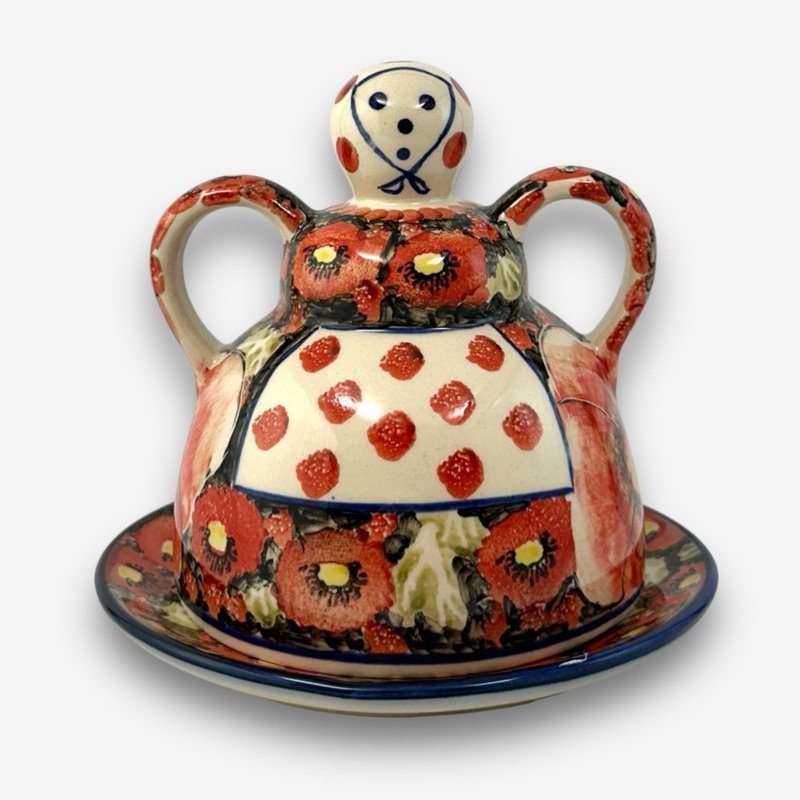 波兰手绘手工陶-起司娃娃 奶油盅/点心盘 14cm 赤霞花语系列 - 盘子/餐盘/盘架 - 陶 红色