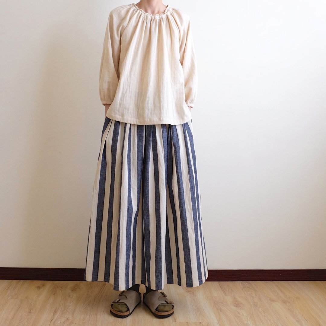 日常手作服 自然森林 深蓝粗条纹打褶长裙 亚麻棉 - 裙子 - 棉 蓝色