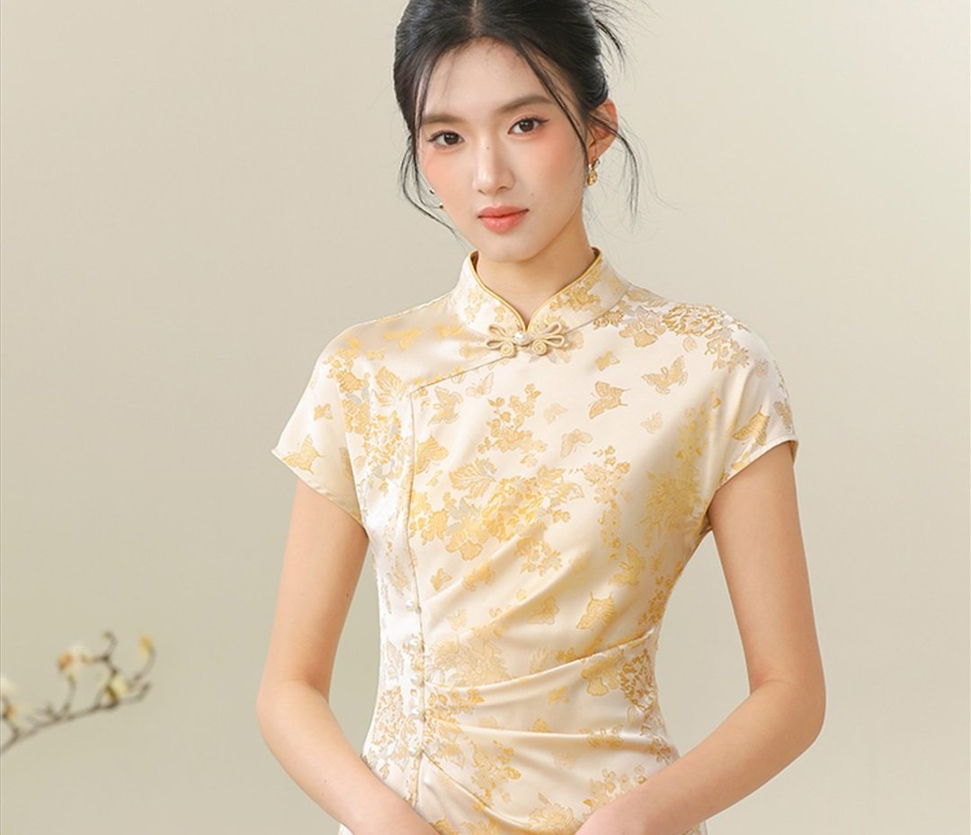 【捏褶】新中式复古中国风 提花收腰改良旗袍 - 洋装/连衣裙 - 其他材质 黄色