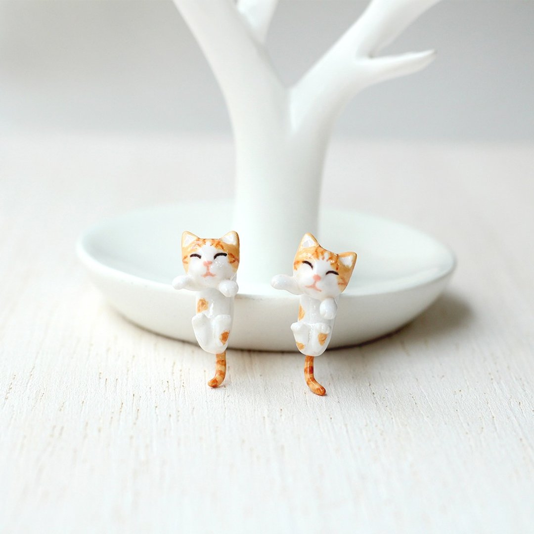 Orange Cat Earrings, Gauge & Plug Earrings, Two Piece Earrings - 耳环/耳夹 - 粘土 橘色