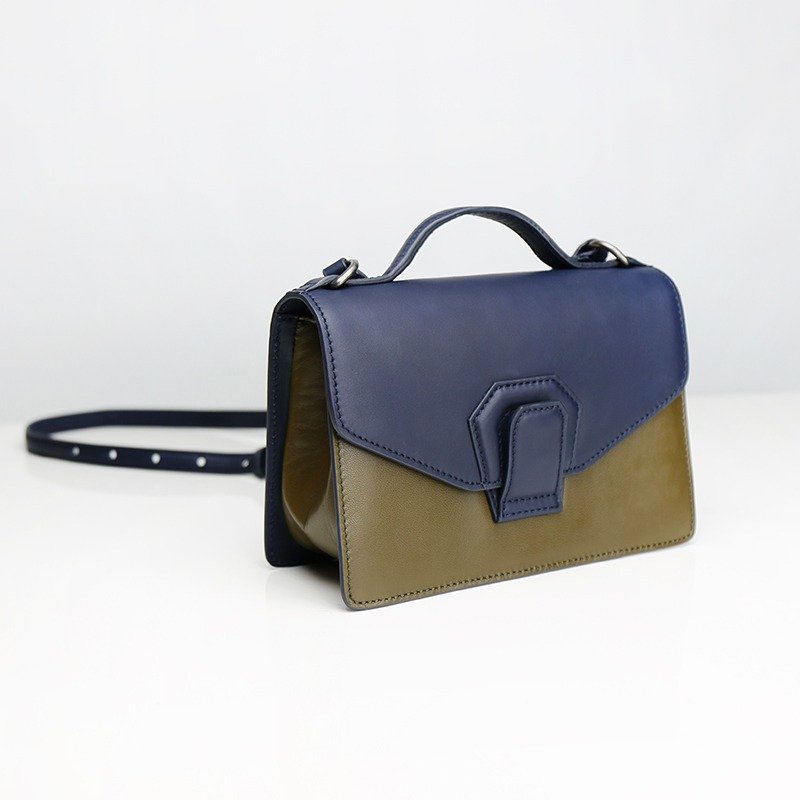 【 HANDOS 】Harmonica 迷你风琴肩背包 - 深夜蓝 x 泥沼绿 - 侧背包/斜挎包 - 真皮 蓝色