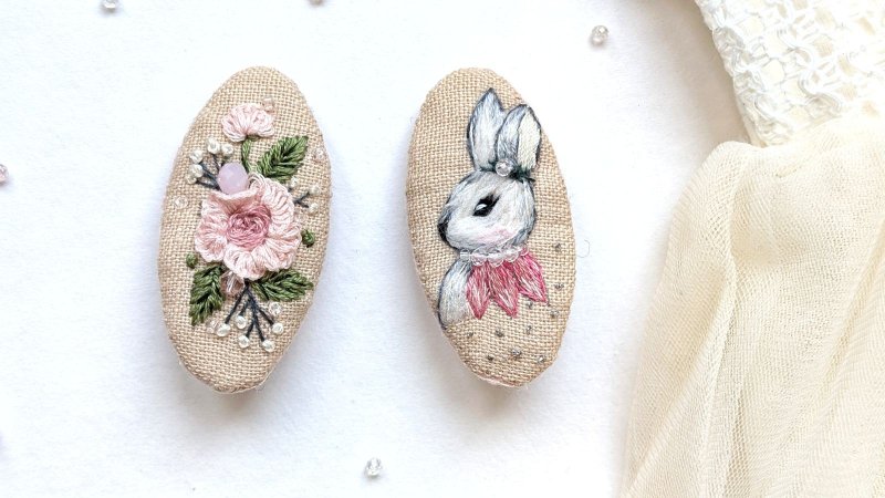 亚麻刺绣发夹兔子发夹兔子配饰 - 婴儿饰品 - 其他材质 