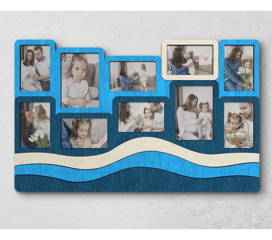Navy blue photo frame collage Wave photo gallery Wooden frame with 3d effect - 墙贴/壁贴 - 木头 蓝色