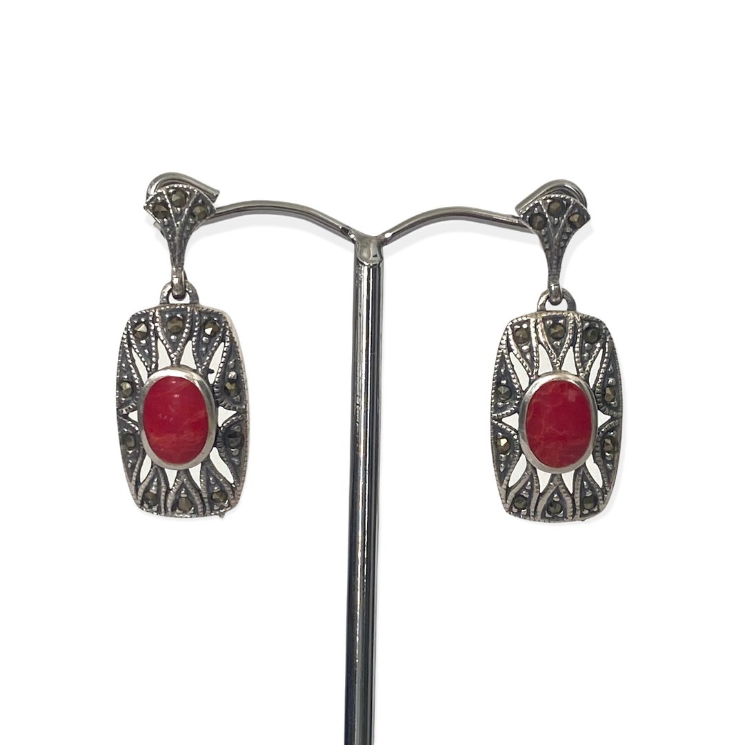 Art Deco Style Square Drop Earrings /  Set Coral & Marcasite 925 Sterling Silver - 耳环/耳夹 - 纯银 红色