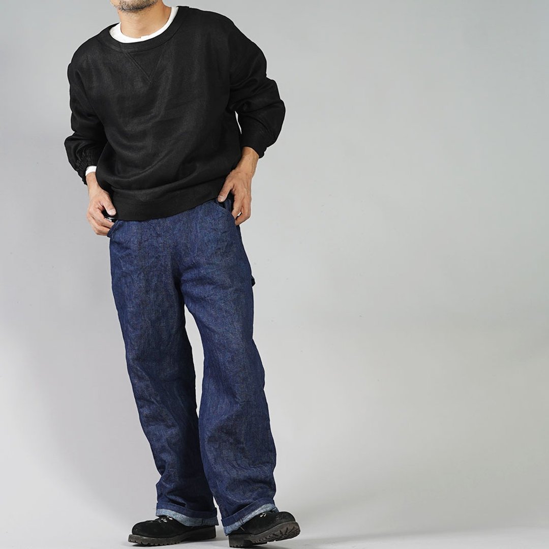 wafu --Heavyweight Linen Denim Painter Pants Unisex / Indigo b004d-ind3 - 中性裤装 - 亚麻 蓝色