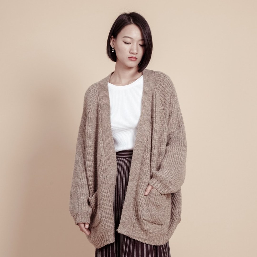 kitann ino 沙色羊毛加厚针织开衫 - 女装针织衫/毛衣 - 聚酯纤维 卡其色