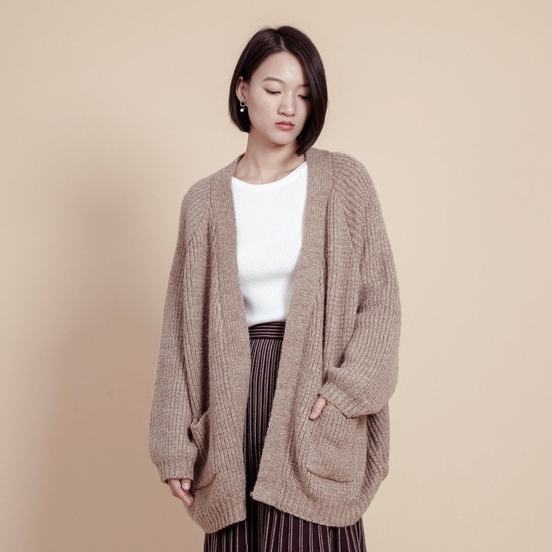 kitann ino 沙色羊毛加厚针织开衫 - 女装针织衫/毛衣 - 聚酯纤维 卡其色