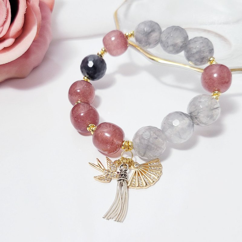稀有魔鬼云水晶 草莓晶 鸽血红 善 扇 燕 智慧 领袖 手链 礼物 - 手链/手环 - 宝石 灰色