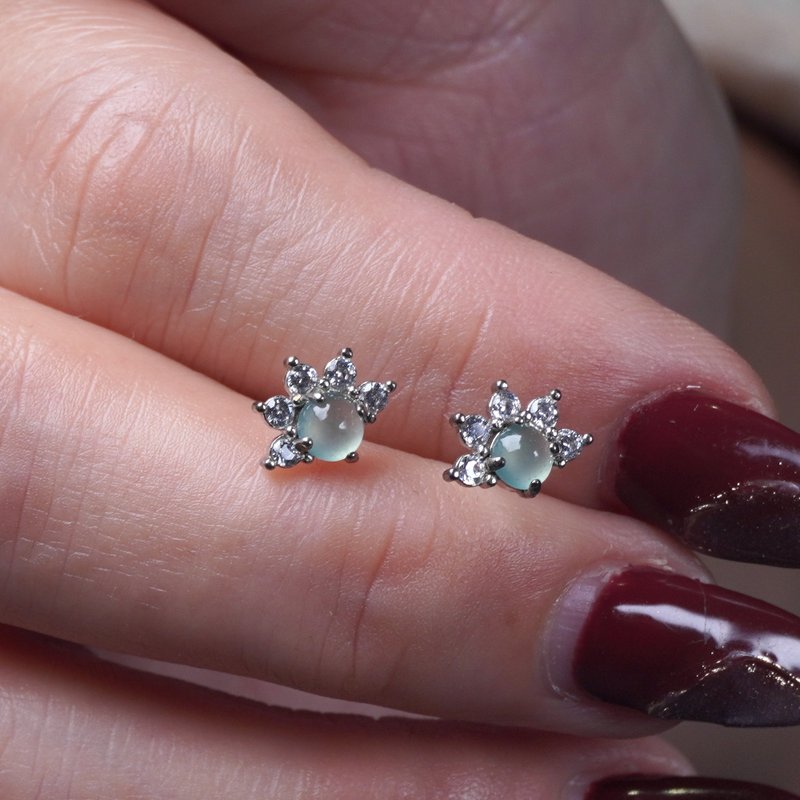 放光玻璃种翡翠蛋面耳钉 925纯银 | 天然A货翡翠 | 送礼 - 耳环/耳夹 - 玉石 透明