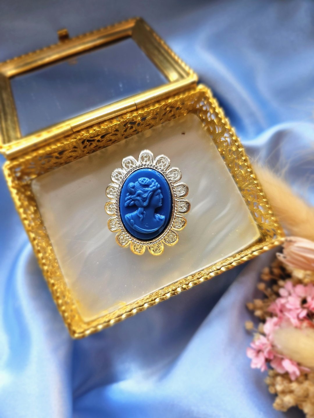 宝蓝法式仕女cameo累丝银框复古胸针/别针/美国西洋古董饰品 - 胸针 - 其他金属 