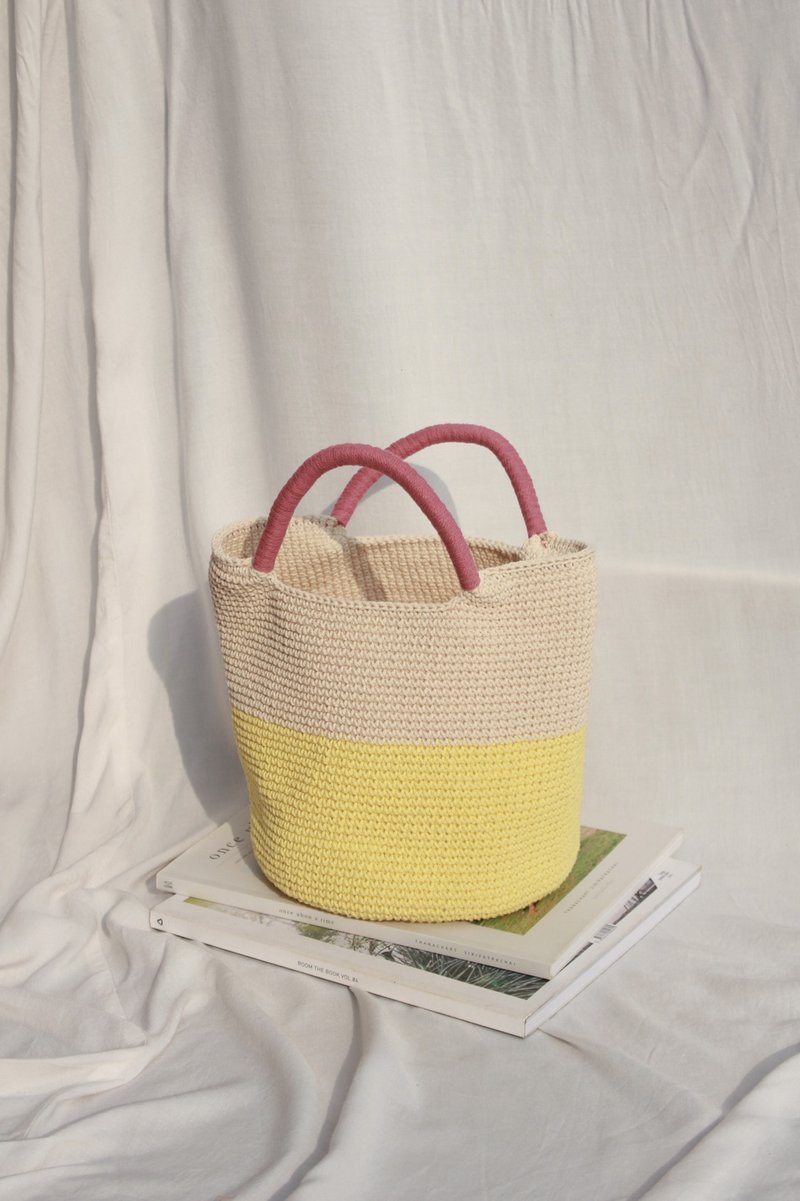 Two Tone ,Bucket hand bags (Yellow+Cream) Dark Pink Strap - 手提包/手提袋 - 其他材质 黄色