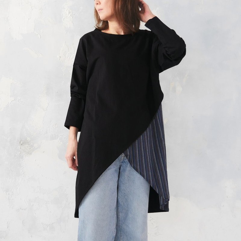 下摆拼接・不规则・条纹・宽松设计・异材质・罩衫・黑色・d-tp530 - 女装上衣 - 棉．麻 黑色