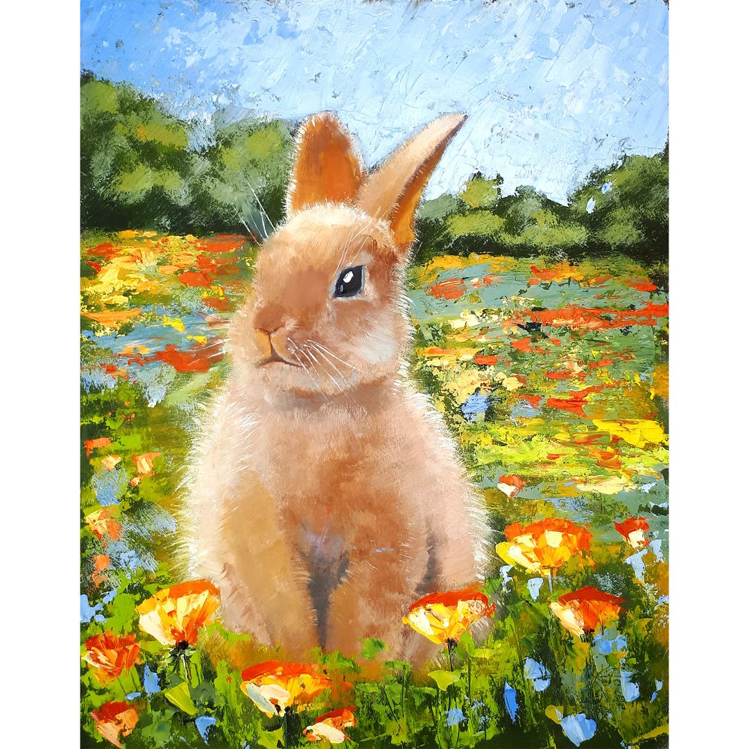 Bunny Painting Animal Original Art Rabbit Wall Art Hare Artwork - 海报/装饰画/版画 - 其他材质 多色