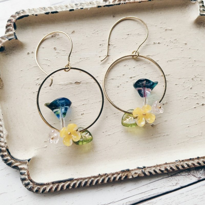 串珠 编织 耳环 水晶 花圈 蓝 - 耳环/耳夹 - 其他材质 粉红色