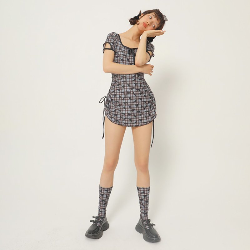 黑色小猫 格紋印花 连体泳衣 泳裙 - 女装泳衣/比基尼 - 其他材质 